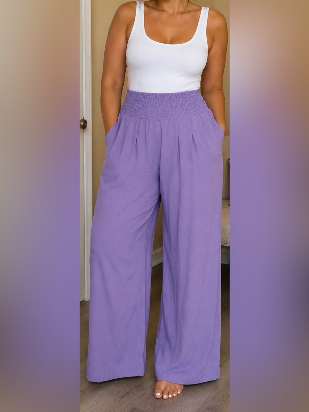 Smocked Waist Wide-Leg Pants in Lavender